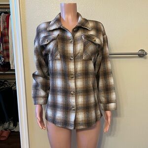 Plaid Button-Up Shirt - Brown and White. Size S.